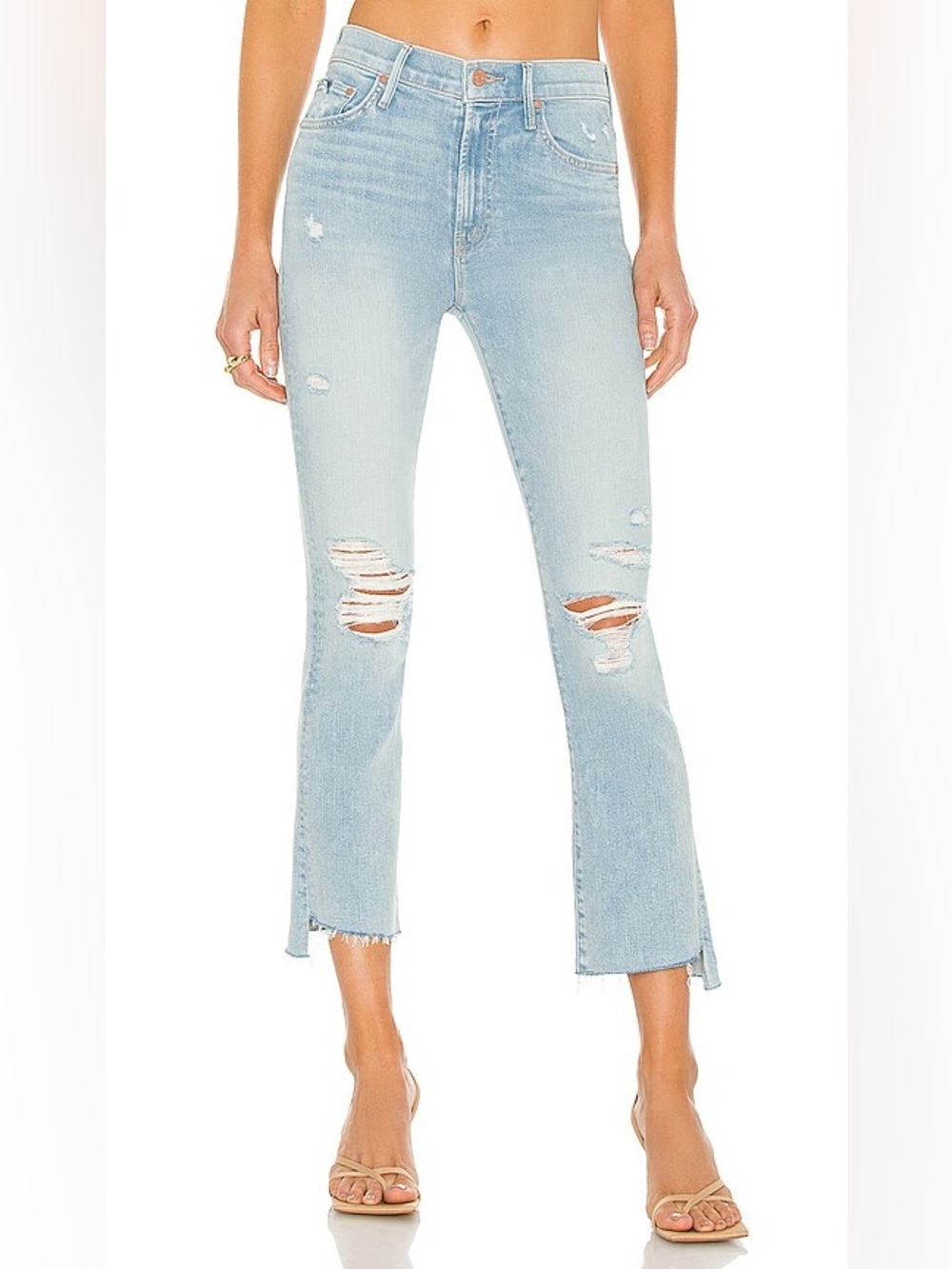 MOTHER Light Blue Distressed Cropped Jeans with Raw Hem Insider Crop Free Hugs